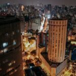 aerial view of city buildings during night time